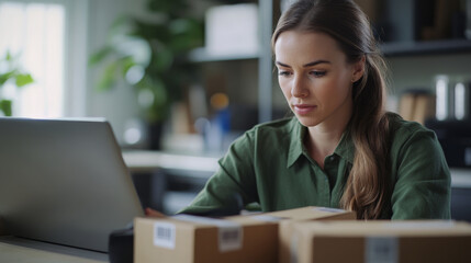 Canvas Print - A woman is focused on her laptop, surrounded by packages in a modern workspace, conveying a sense of productivity and organization.