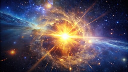 Wall Mural - A Celestial Event A radiant burst of energy and light erupts from a cosmic nebula, illuminating the surrounding star-filled expanse with golden and blue hues.