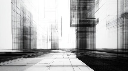 Poster - abstract architectural visualization depicting a futuristic cityscape with dynamic lines