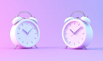 two vintage alarm clocks on a soft gradient background showcasing a minimalist design in pastel colo