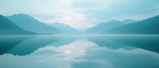 Wall Mural - A tranquil lake reflects misty mountains, creating a seamless blend of sky and water, evoking serenity and infinite calm.