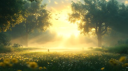 Wall Mural - Sunrise meadow, misty forest, birds flying, peaceful dawn, nature scene