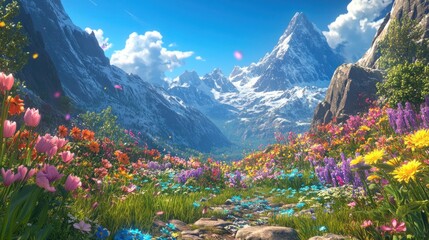 Poster - Lush mountain valley overflowing with vibrant wildflowers under a vibrant blue sky.