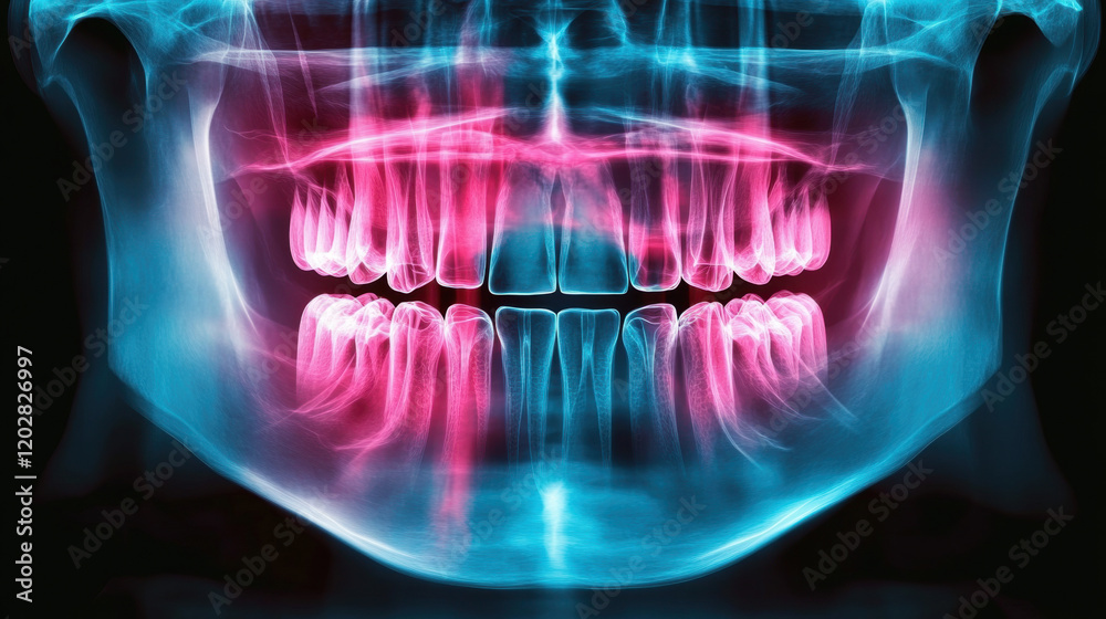 Teeth and tooth, X-ray image of a human jaw showing teeth with vibrant ...
