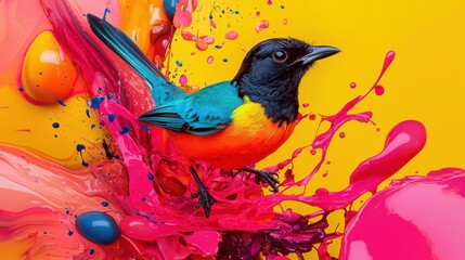 Poster - Vibrant bird emerging from paint splashes art studio colorful environment close-up creativity