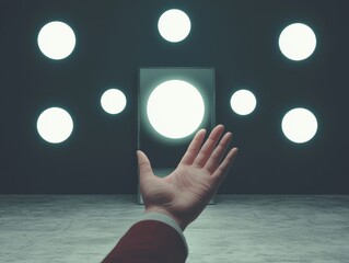 Poster - Hand reaching out of a mirror abstract installation contemporary art space minimalist environment close-up view surreal concept