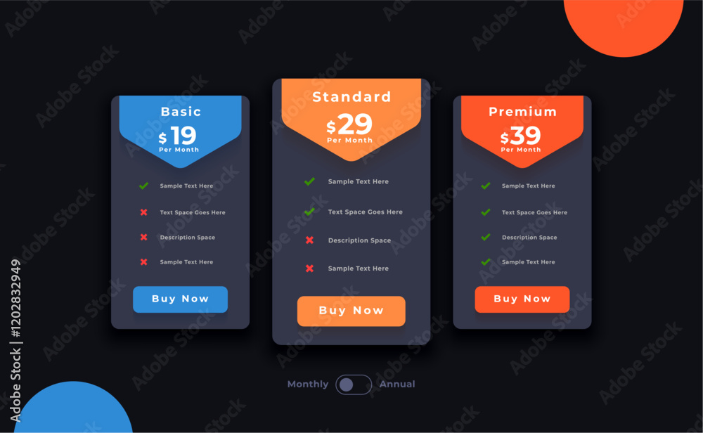 web subscription plan and price checklist dark template design Stock ...