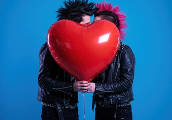 Punk couple hiding behind red heart balloon on blue background