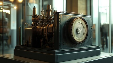 Poster - A vintage generator model on display in a museum setting with soft lighting.
