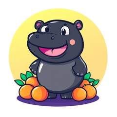 Wall Mural - A cheerful cartoon hippo stands amidst oranges, with a sunny background, showcasing a playful and vibrant character.