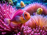 Stunning vibrant pink fish amidst coral, sea anemones, and ocean life.