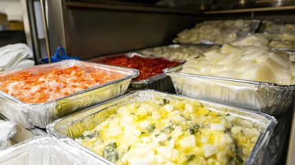 Poster - Frozen food trays being moved into storage freezers in an industrial setting.