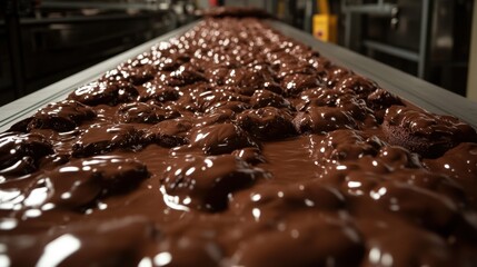 Poster - Long conveyor belts transporting cookies through a chocolate-coating machine.