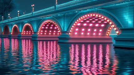 Canvas Print - Illuminated bridge at night reflecting in calm water.