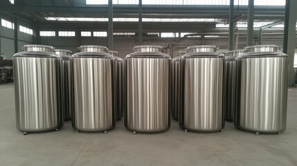 Poster - Stainless steel tanks used for fermenting beverages in a beverage factory.
