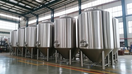 Poster - Stainless steel tanks used for fermenting beverages in a beverage factory.