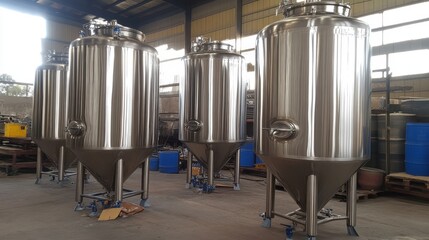 Poster - Stainless steel tanks used for fermenting beverages in a beverage factory.