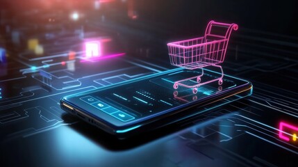 Poster - innovative shopping cart hologram on glowing smartphone screen digital marketplace urban environment