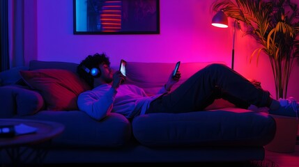 Man Relaxing on Couch Using Phones and Headphones