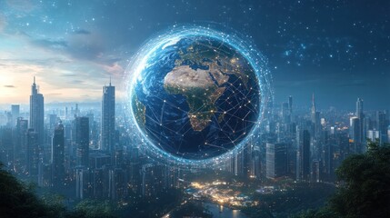 Poster - A futuristic city skyline at dusk with a glowing globe symbolizing connectivity
