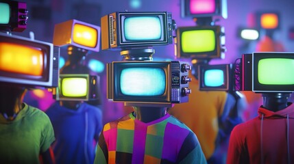 Poster - Retro TVs as heads on figures in vibrant neon light.