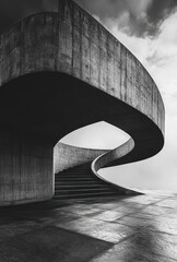 Poster - Abstract Architectural Design Featuring a Modern Concrete Staircase Curving Elegantly Under Dramatic Cloudy Skies in Monochrome Tones