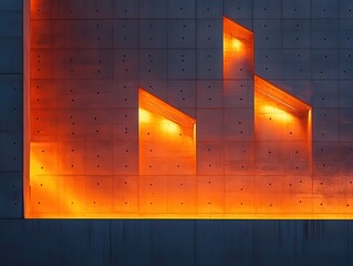 Poster - Abstract architectural design showcasing illuminated concrete shapes with gradients of orange light casting striking shadows, creating a modern urban aesthetic at dusk.
