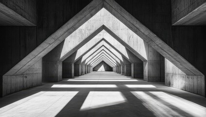 Poster - Abstract architectural interior featuring dramatic angular lines and geometric design, showcasing light and shadow interplay in modern concrete structure