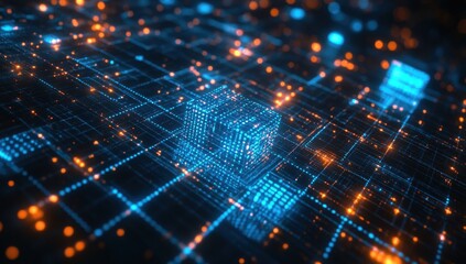 Aufkleber - Abstract Digital Technology Landscape with Glowing Blue and Orange Nodes and Grids Representing Connectivity and Data Flow in a Futuristic Environment