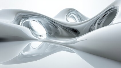Poster - Abstract flowing forms in a sleek and modern design, showcasing smooth curves and soft shadows on a reflective surface in a serene color palette