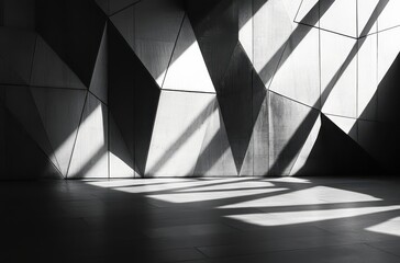 Poster - Abstract Geometric Wall with Dynamic Light and Shadow Effects in Modern Interior Architecture Showcasing a Play of Angles and Monochromatic Tones