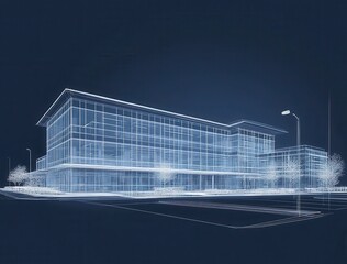 Poster - Architectural Blueprint Design of a Modern Commercial Building with a Clear Night Background, Showcasing Structural Lines and Innovative Architectural Features