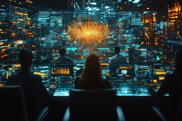 Poster - High-tech control room with analysts monitoring data and visualizations at night