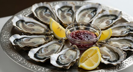 A variety of oysters served on a silver tray with mignonette sauce and lemon slices