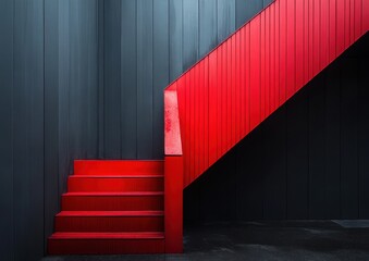 Poster - Contemporary Design of a Bold Red Staircase Against a Dark Textured Wall Featuring Unique Color Contrast and Minimalist Aesthetic in Modern Architecture