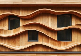 Poster - Contemporary Wooden Wall Design Featuring Curved Patterns and Rectangular Windows that Showcase Unique Textural Elements and Modern Architectural Aesthetics
