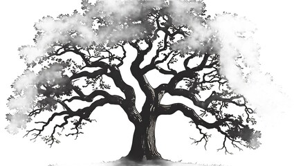 Poster - A monochrome depiction of a large tree with intricate branches and foliage against a white background