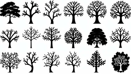 Poster - A collection of tree silhouettes showcasing various shapes and styles in a black and white arrangement design