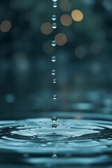 Wall Mural - A close-up of water droplets falling into a calm body of water, creating ripples. The background features blurred lights, adding a dreamy effect.