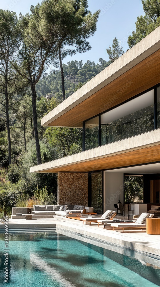 Modern house with infinity pool and wooden terrace overlooking lush ...