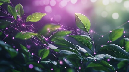 Poster - Networked green leaves with glowing connections.