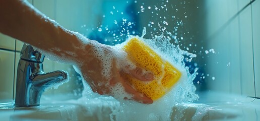 Hand washing sponge in bathroom sink, water splashing. Cleaning