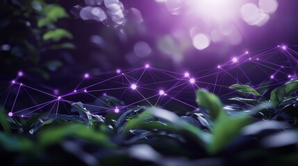 Aufkleber - Purple network glowing over lush green plants at night.
