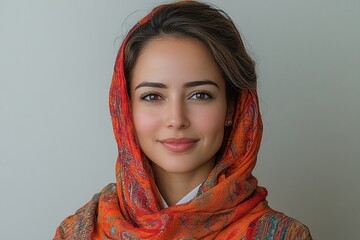 A portrait of a woman wearing a colorful scarf, smiling warmly at the camera.