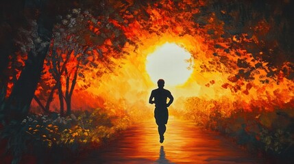 Wall Mural - Sunset Runner: A Silhouette of Determination Against a Fiery Sky