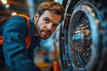 Poster - Technician inspecting intricate machinery in a vibrant industrial workshop