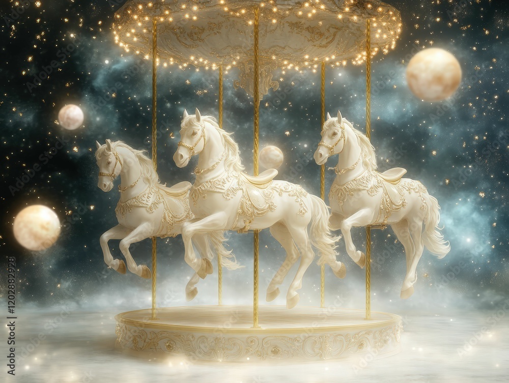 Surreal carousel adventure enchanted horses in a cosmic landscape ...