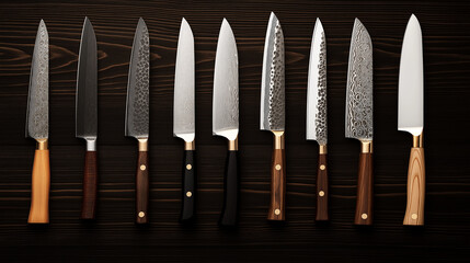 A Collection of Professional Chef Knives: A carefully curated selection of sharp chef knives with sleek wooden handles and intricate patterns, arranged against a dark wood surface.  