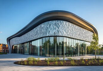 Poster - Modern Architectural Design Featuring Sleek Glass Facade and Curved Roof in Urban Environment with Lush Greenery and Crisp Blue Sky