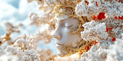 Wall Mural - ethereal beauty: a surreal portrait of nature embracing the human form with floral elements and soft